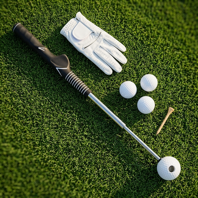 TourGrip Swing Trainer on golf turf with glove, balls and tee