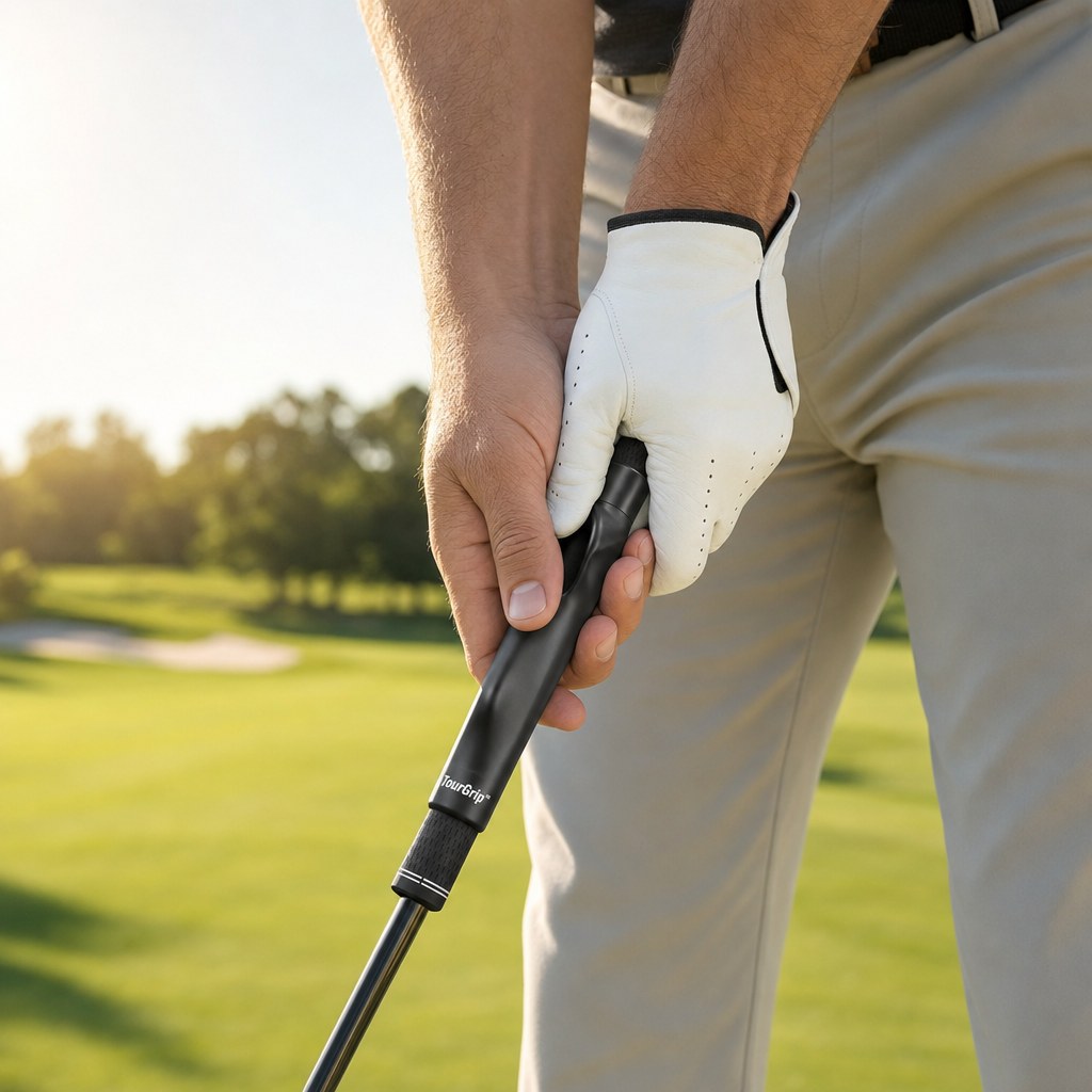 Golfer's hands gripping a club fitted with the TourGrip trainer on a sunlit course
